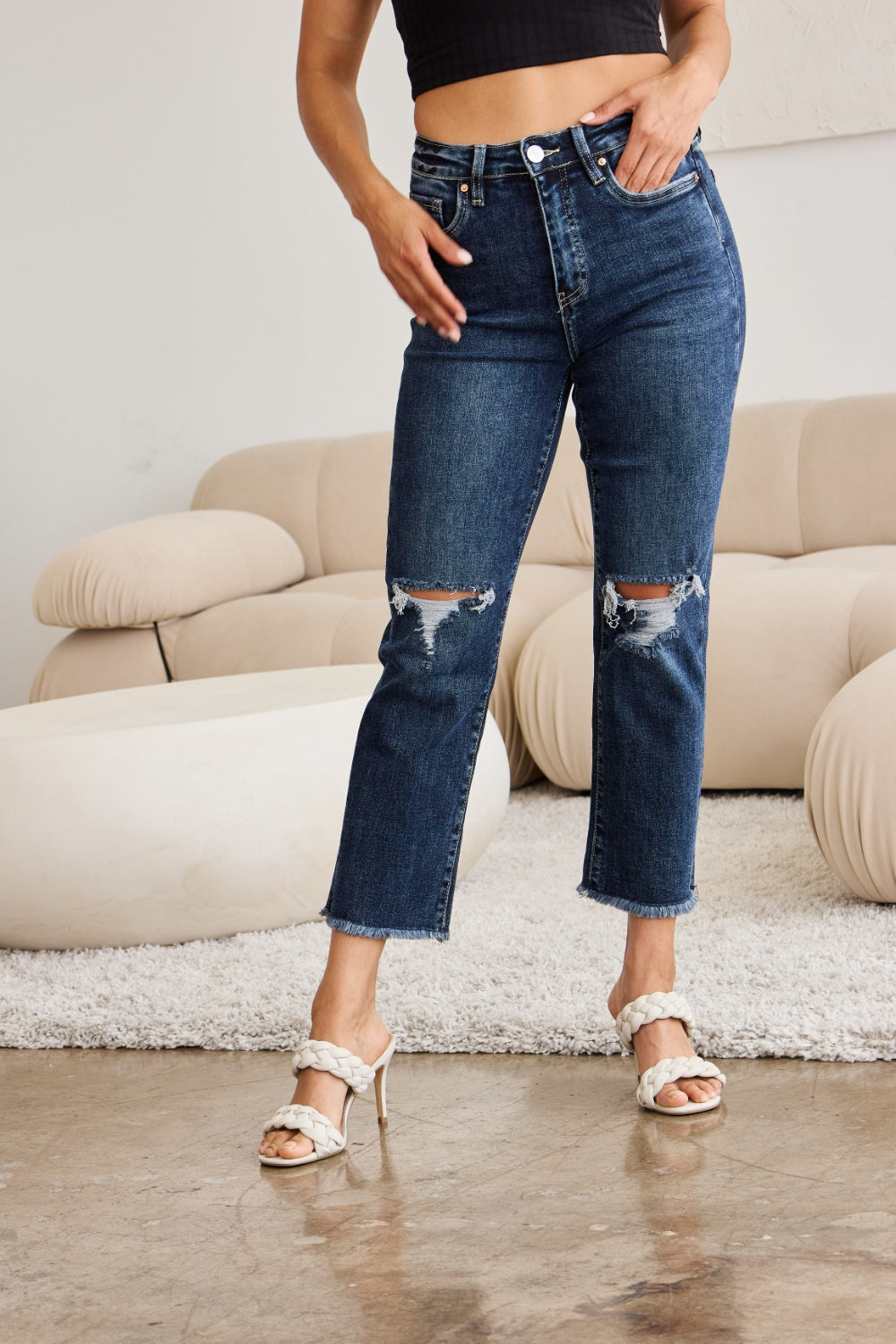 Sleek Control Distressed High Waist Jeans