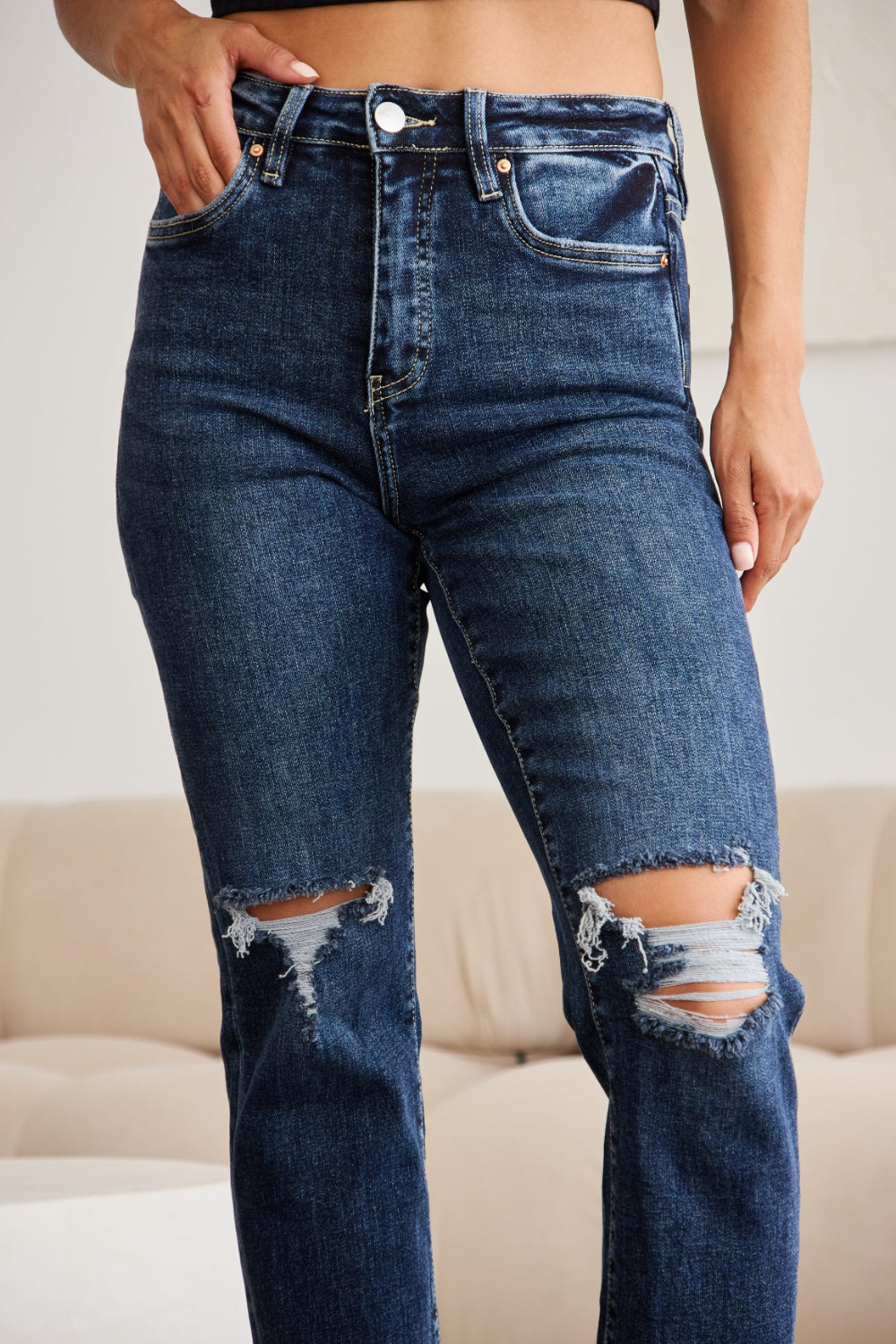 Sleek Control Distressed High Waist Jeans