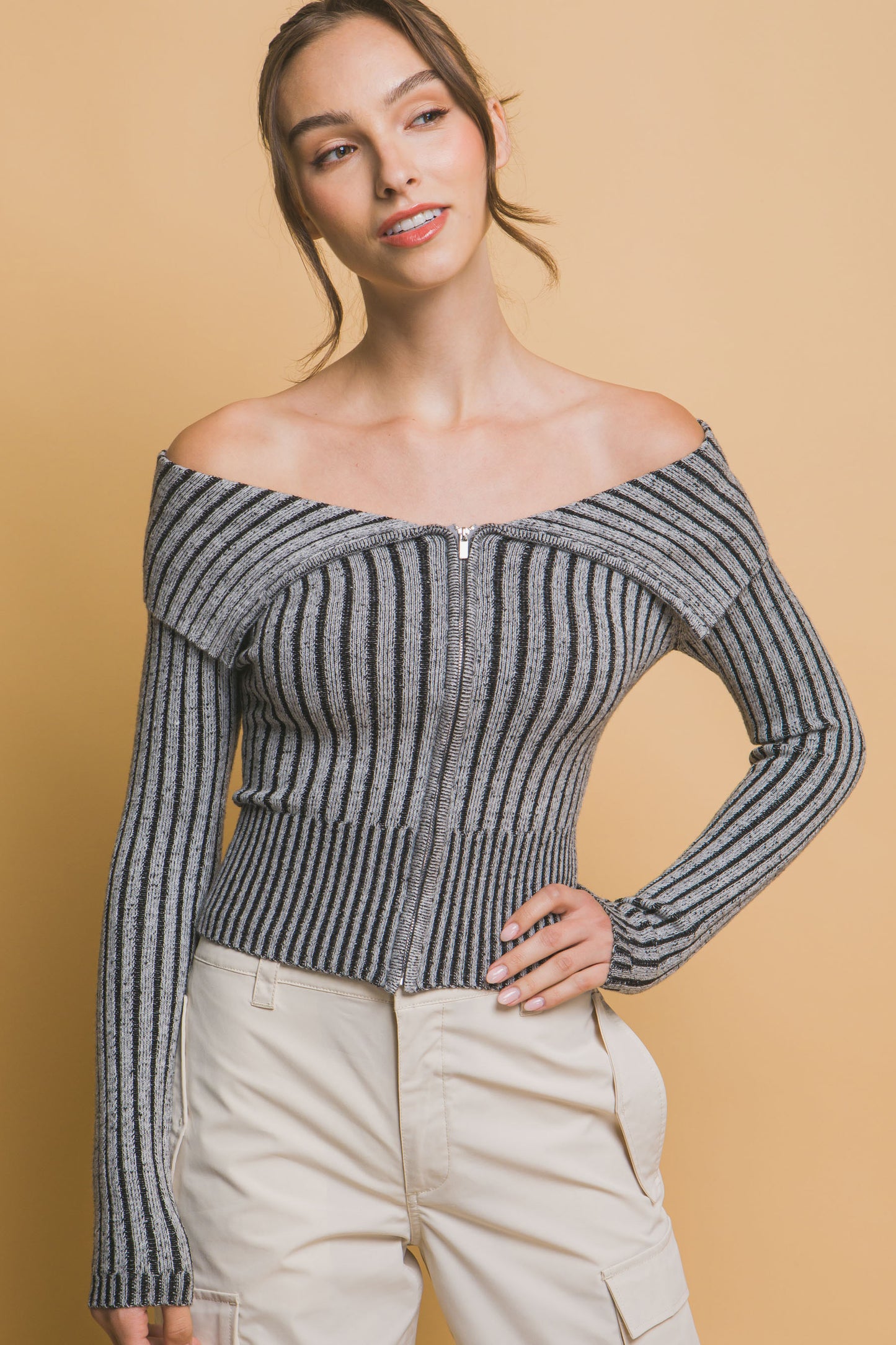 Zip-Me-Up Bardot Ribbed Top