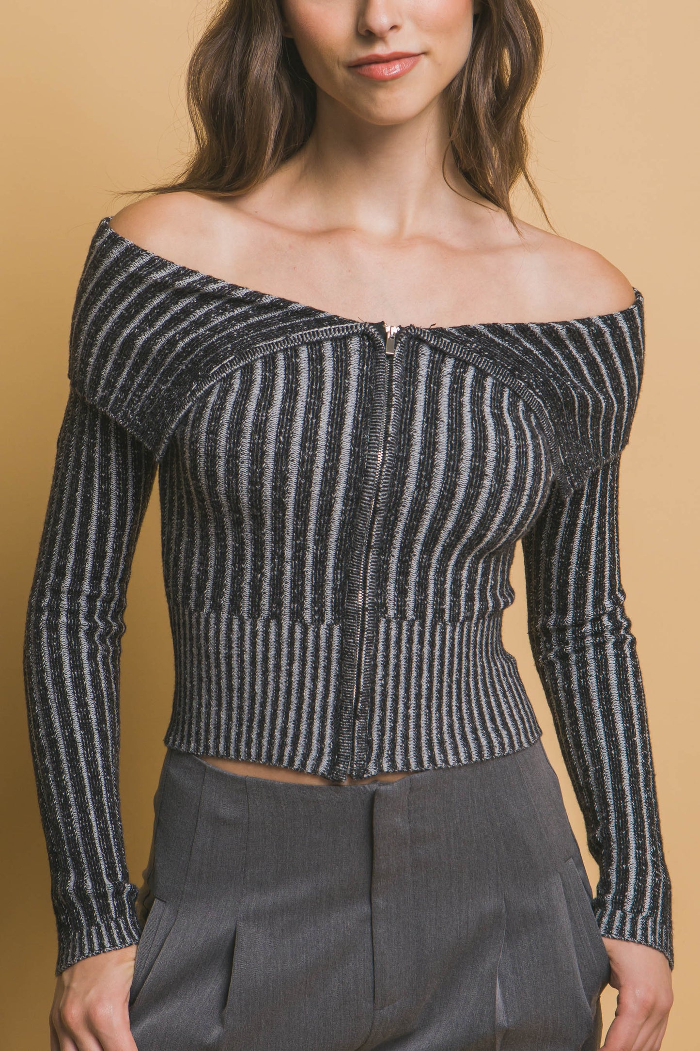 Zip-Me-Up Bardot Ribbed Top