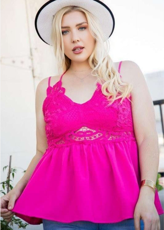 Double Strap Lace Trim Top - Pink