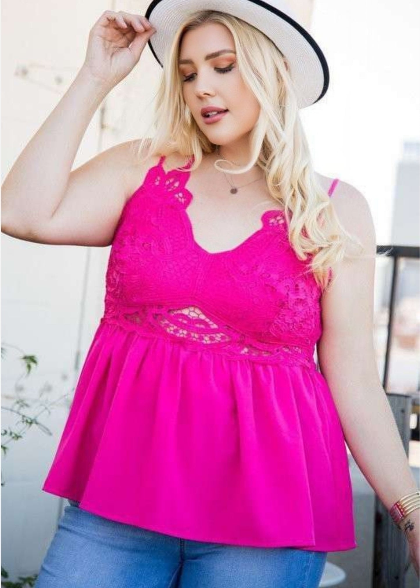 Double Strap Lace Trim Top - Pink