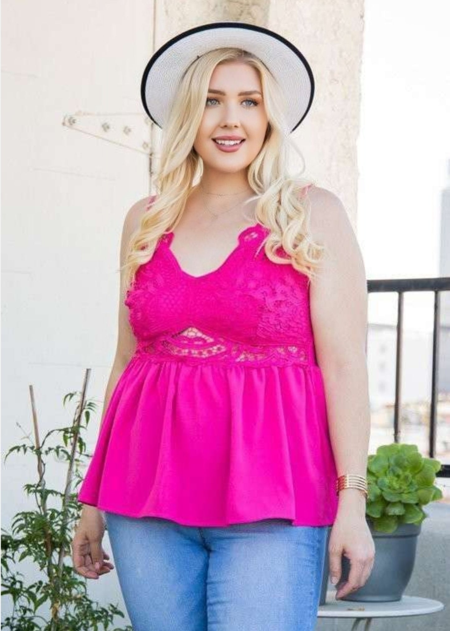 Double Strap Lace Trim Top - Pink
