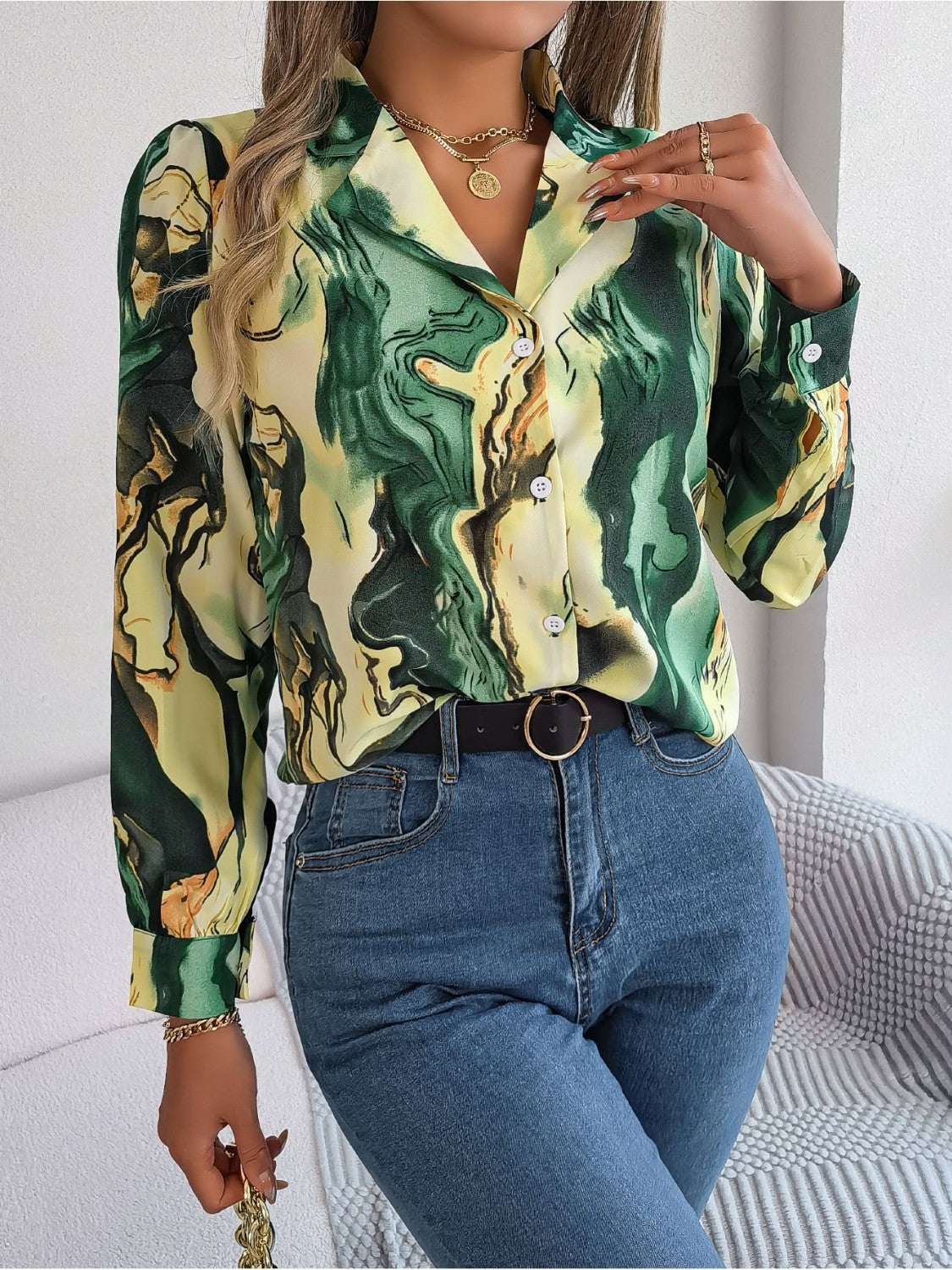Marbleized Charm Button Up Blouse