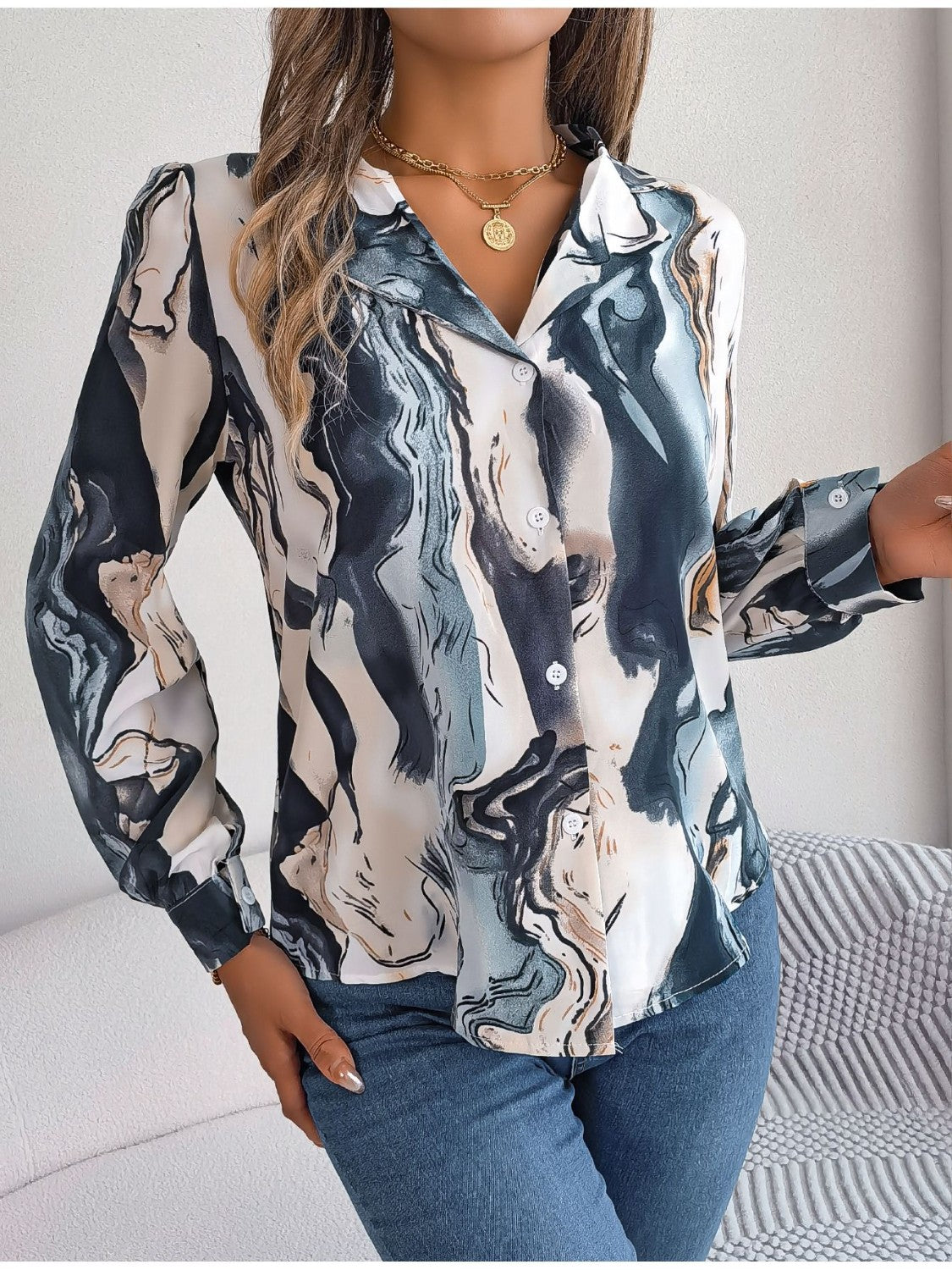 Marbleized Charm Button Up Blouse