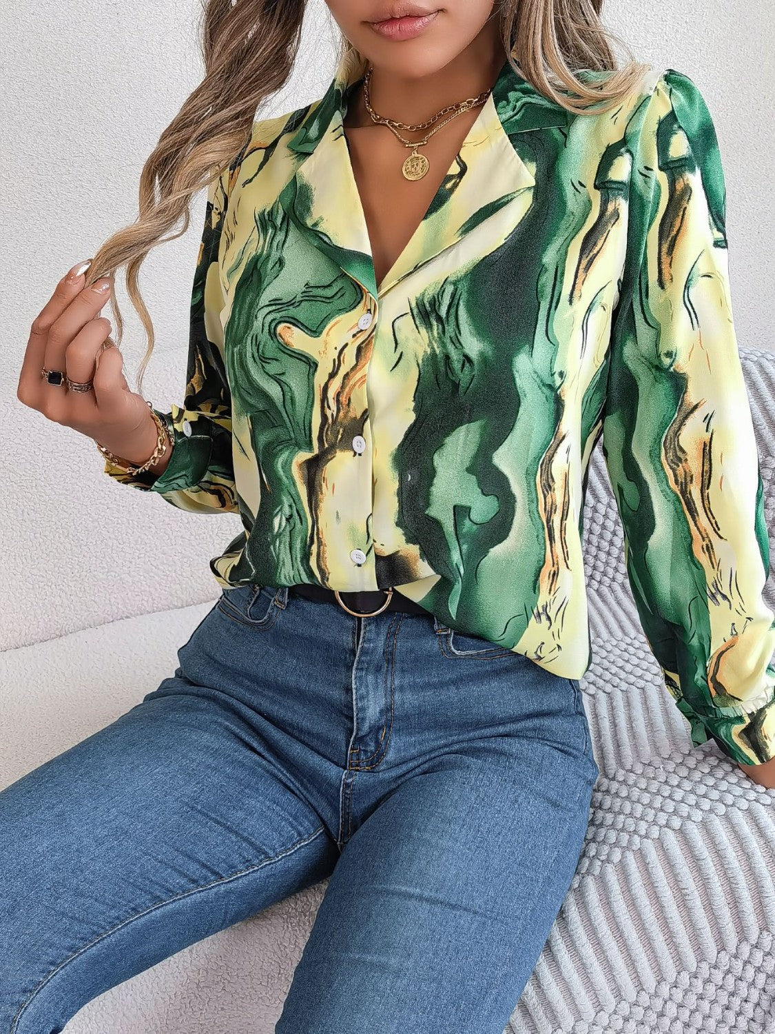 Marbleized Charm Button Up Blouse