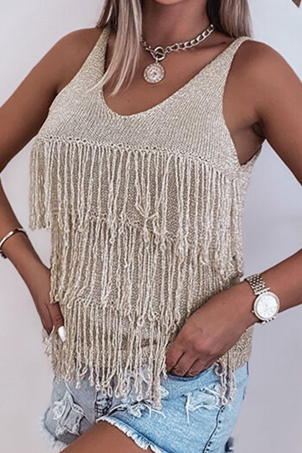 Sunlit Sands Fringe Knit Tank