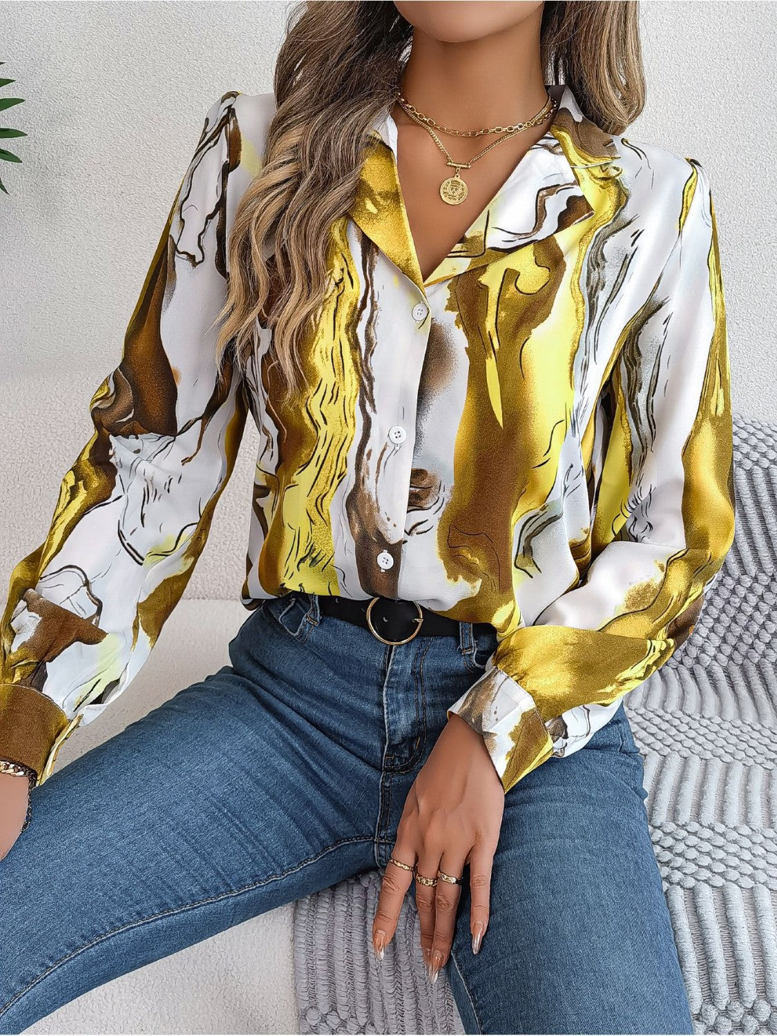 Marbleized Charm Button Up Blouse