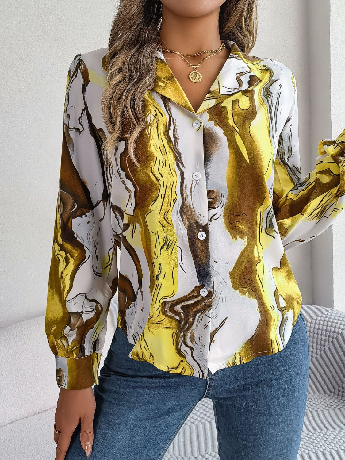 Marbleized Charm Button Up Blouse