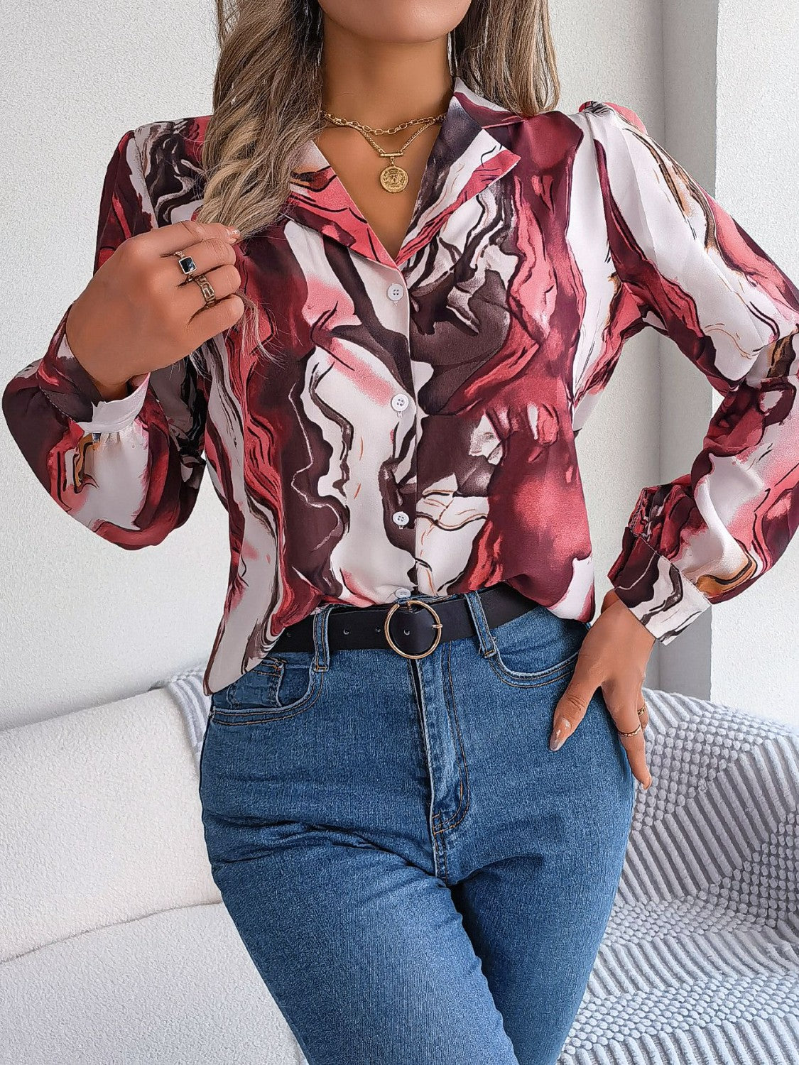 Marbleized Charm Button Up Blouse