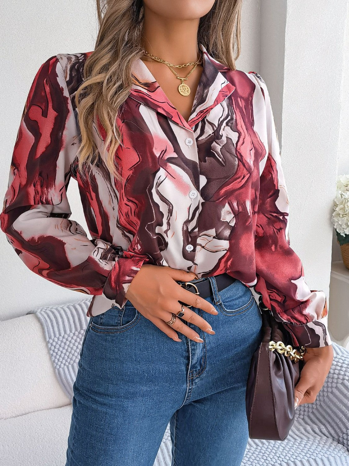Marbleized Charm Button Up Blouse