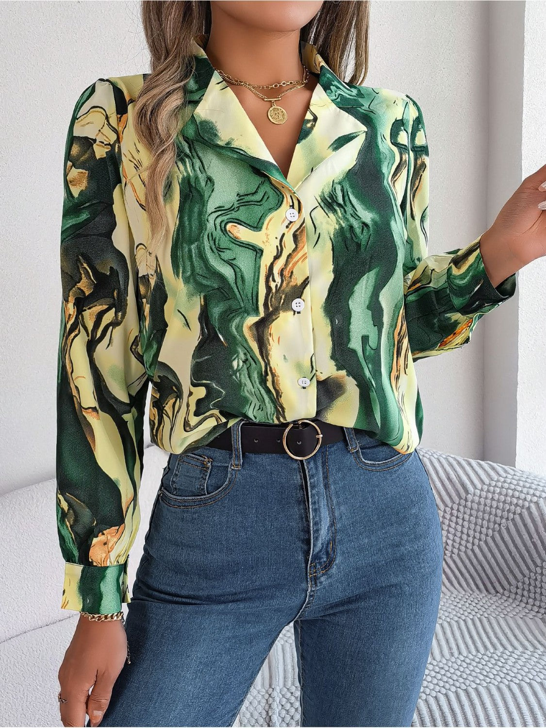 Marbleized Charm Button Up Blouse