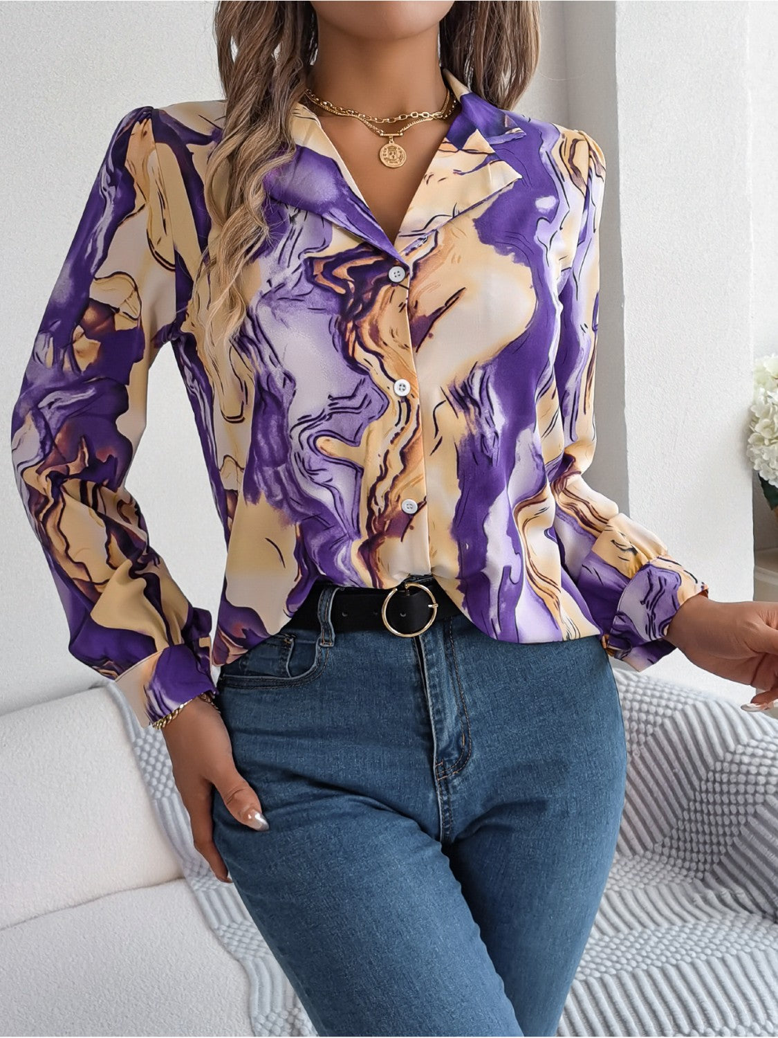 Marbleized Charm Button Up Blouse