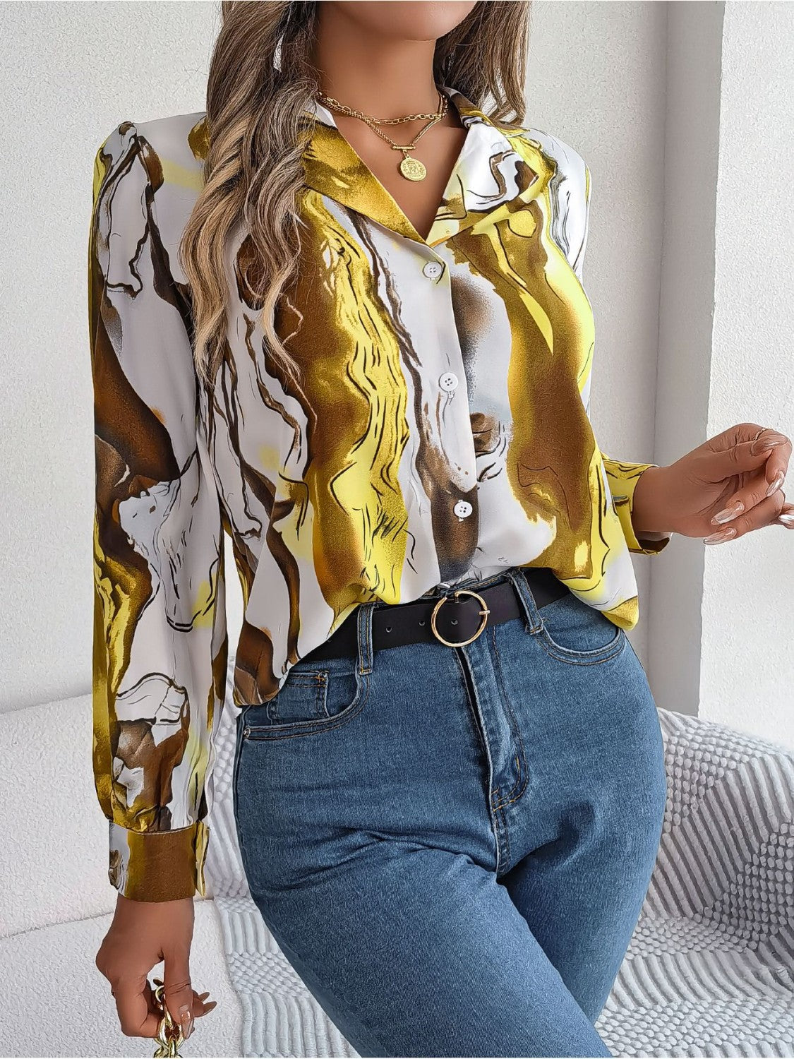 Marbleized Charm Button Up Blouse