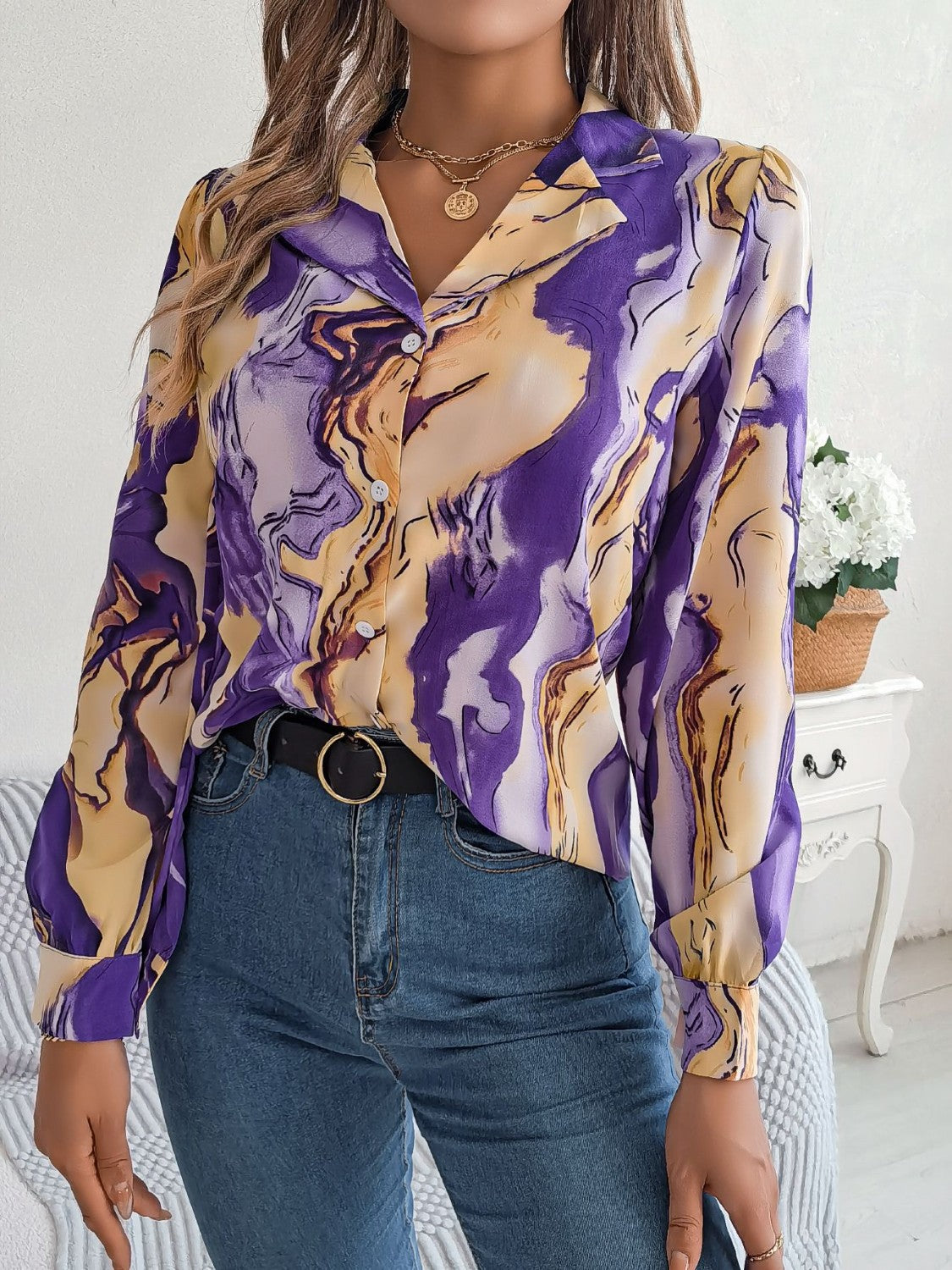 Marbleized Charm Button Up Blouse