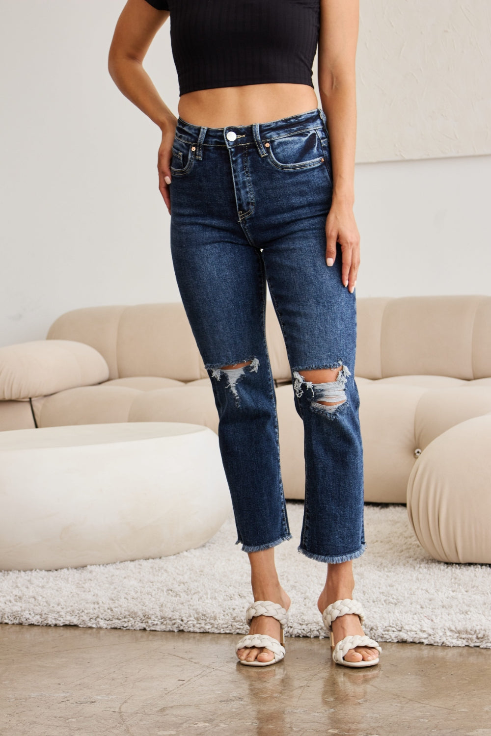 Sleek Control Distressed High Waist Jeans