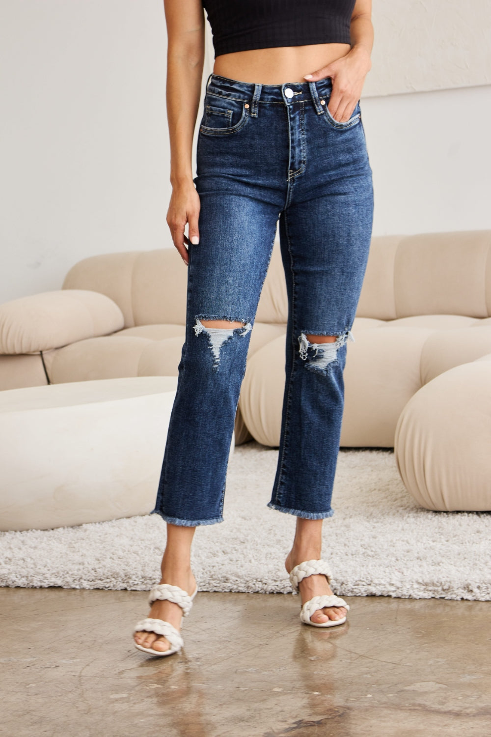 Sleek Control Distressed High Waist Jeans