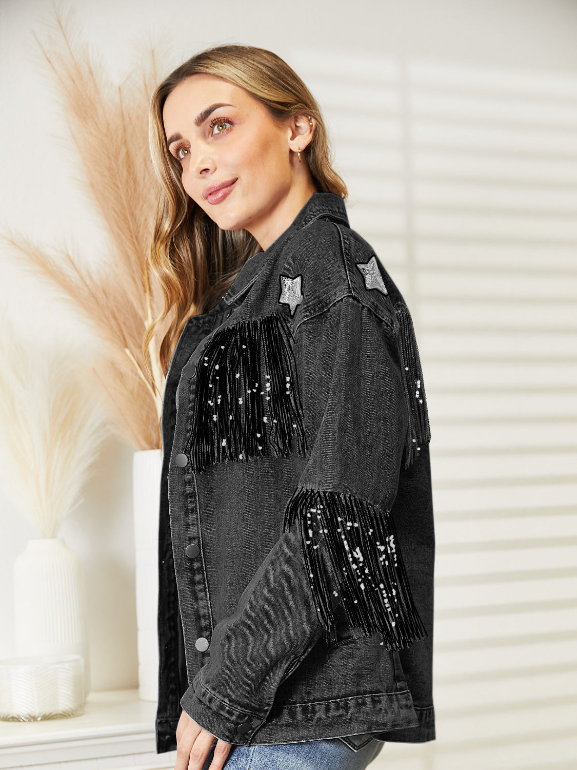 Sparkling Sequin Fringe Denim Jacket