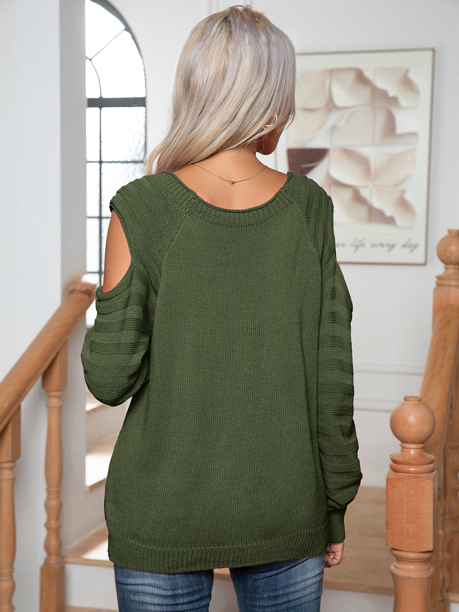Buttoned Elegance Cold Shoulder Sweater