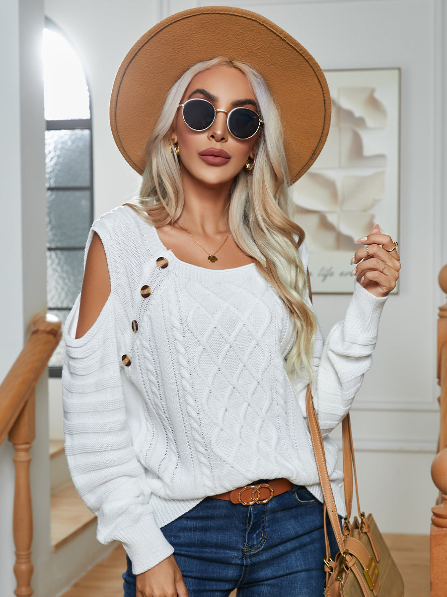 Buttoned Elegance Cold Shoulder Sweater