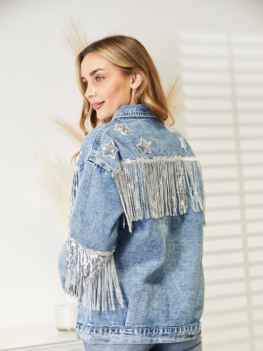Sparkling Sequin Fringe Denim Jacket
