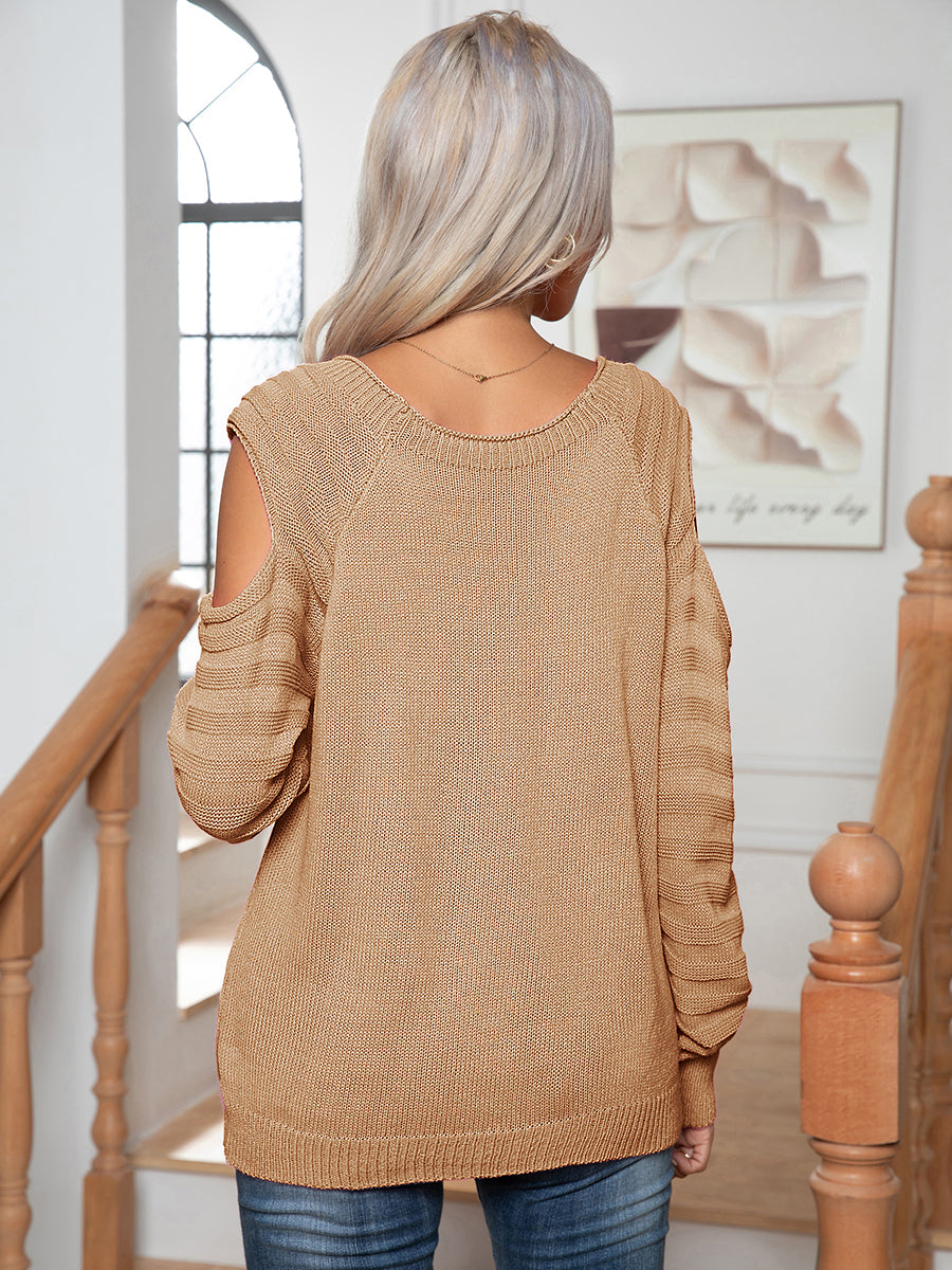 Buttoned Elegance Cold Shoulder Sweater