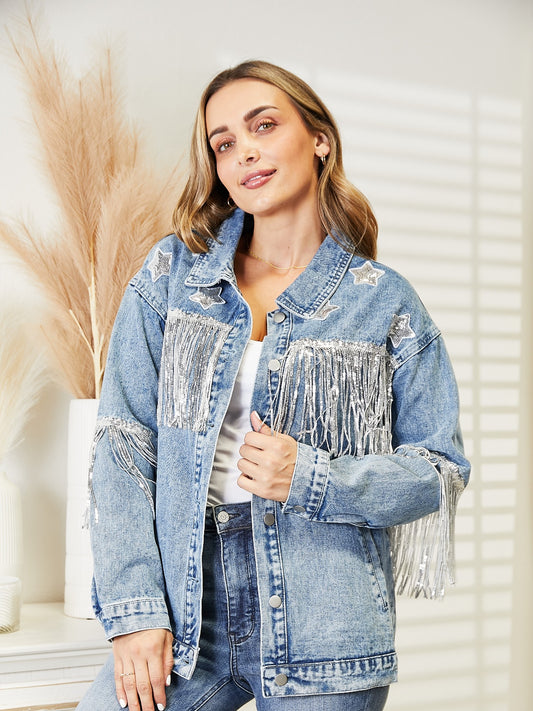 Sparkling Sequin Fringe Denim Jacket