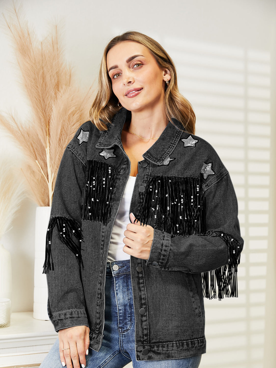 Sparkling Sequin Fringe Denim Jacket