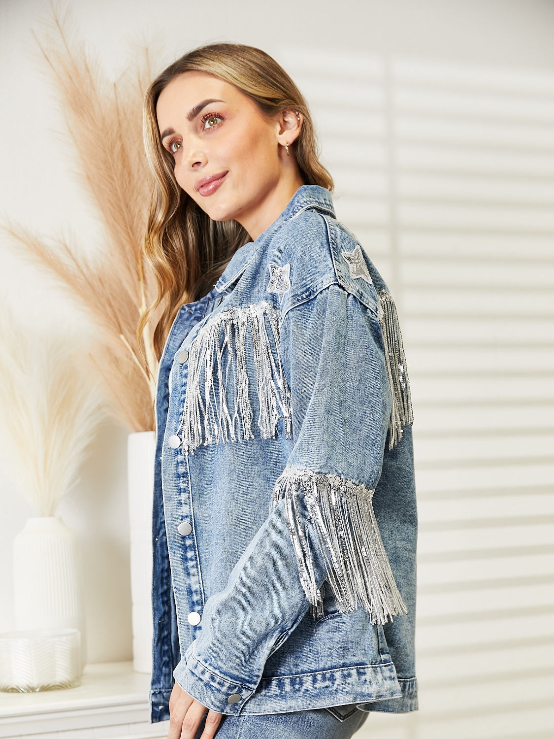 Sparkling Sequin Fringe Denim Jacket