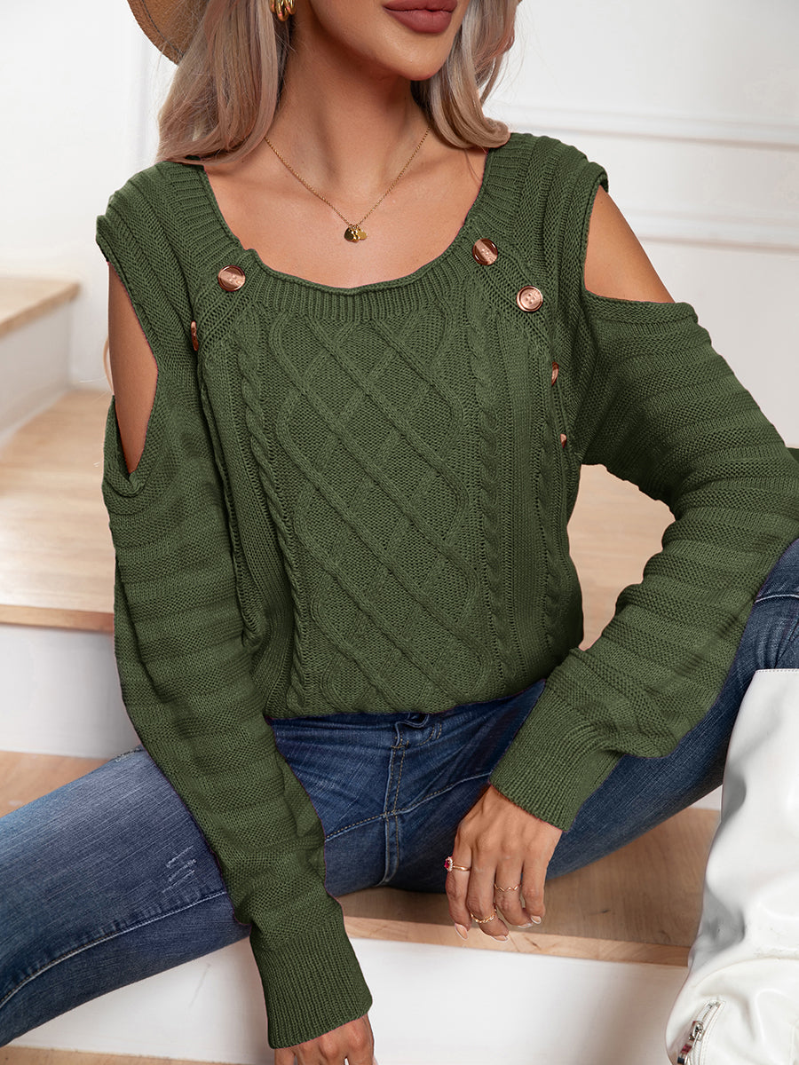 Buttoned Elegance Cold Shoulder Sweater