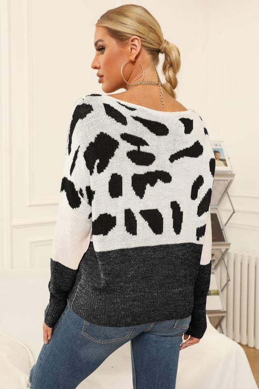 Boat Neck Leopard Patch Sweater