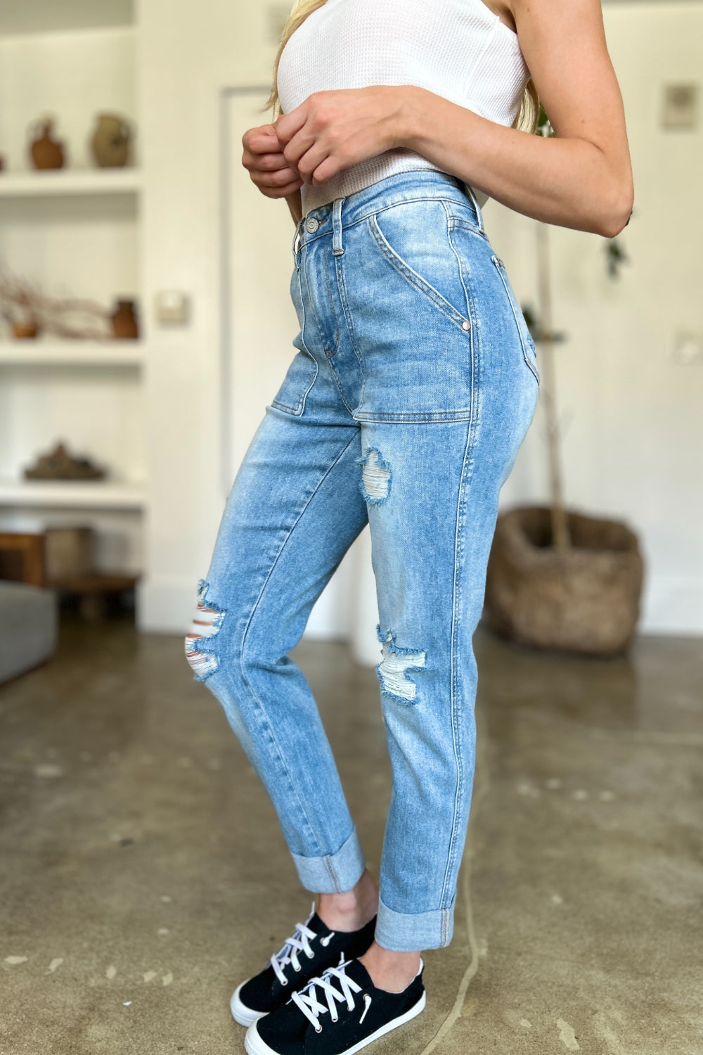 Frayed & Fitted Patch Pocket Jeans