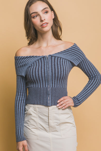 Zip-Me-Up Bardot Ribbed Top