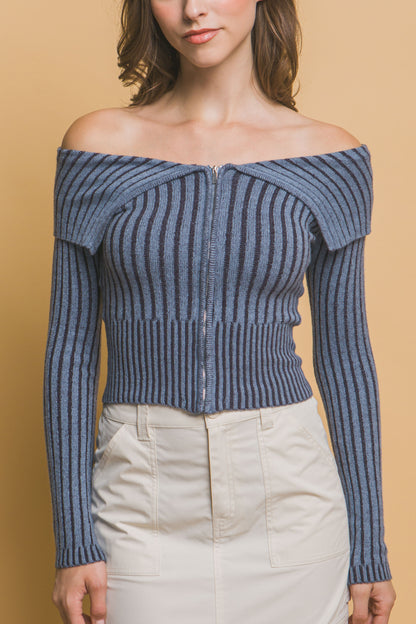 Zip-Me-Up Bardot Ribbed Top