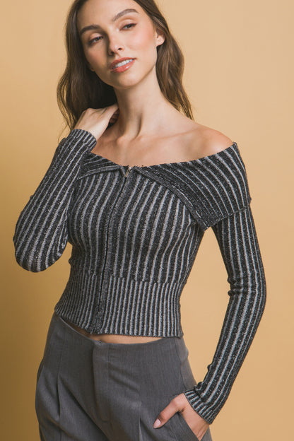 Zip-Me-Up Bardot Ribbed Top