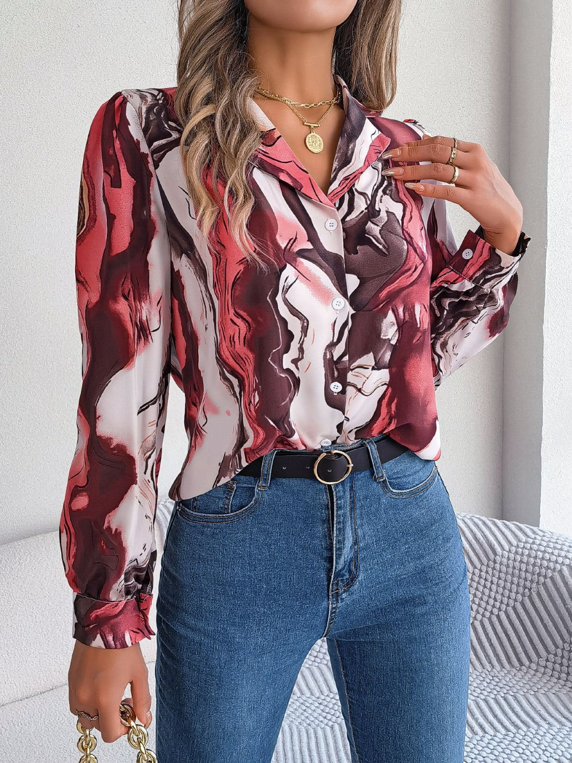 Marbleized Charm Button Up Blouse