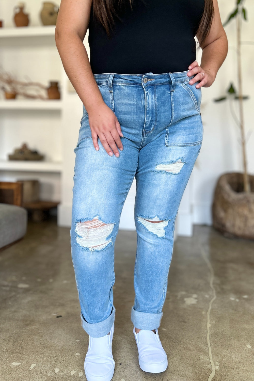 Frayed & Fitted Patch Pocket Jeans