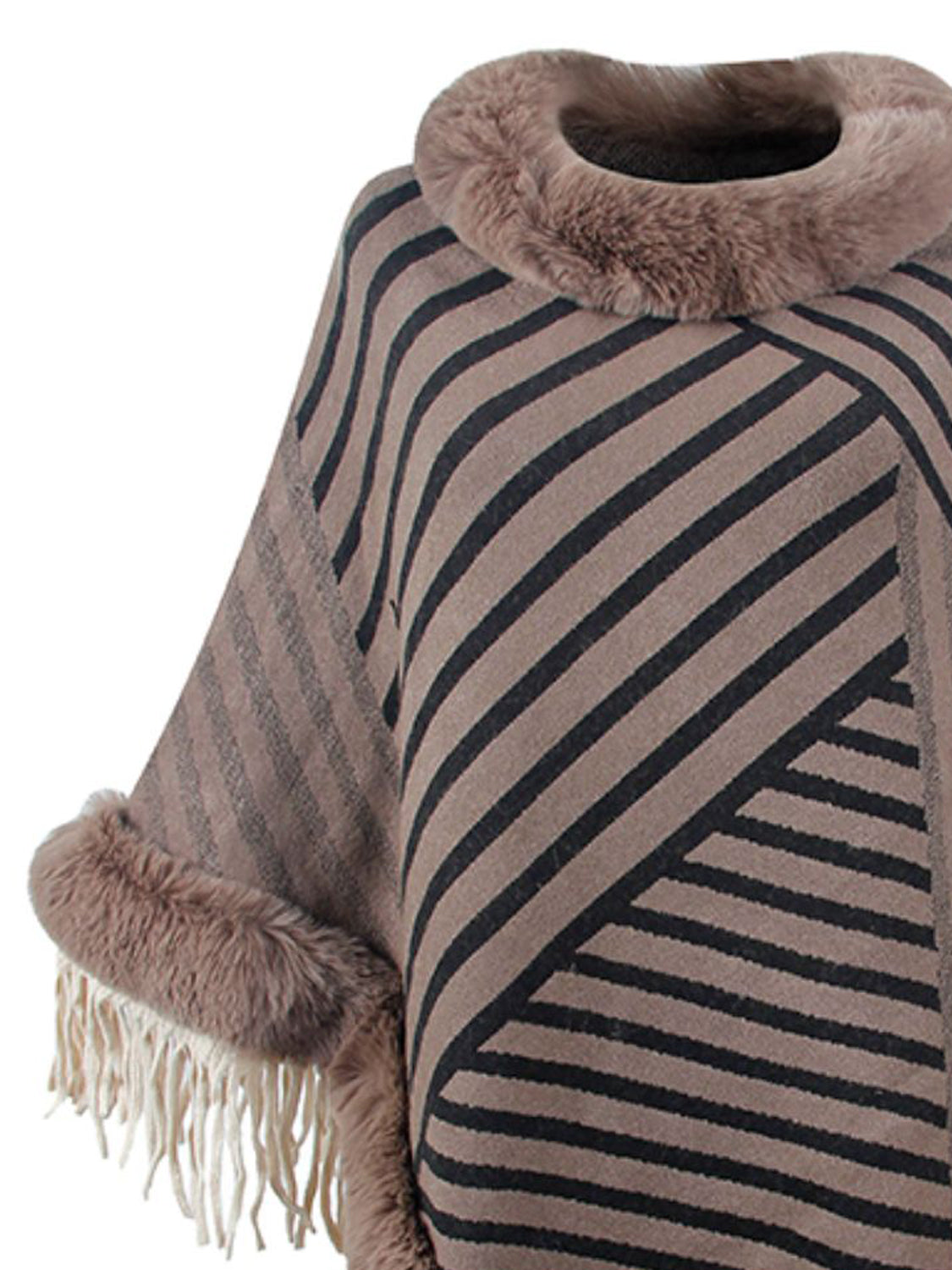 Cozy Stripes Fur-Trimmed Poncho