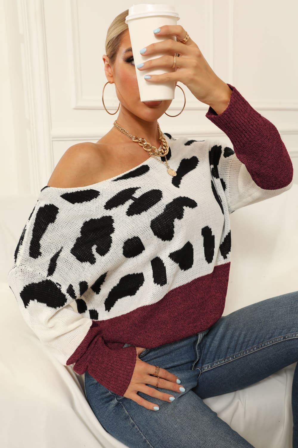 Boat Neck Leopard Patch Sweater