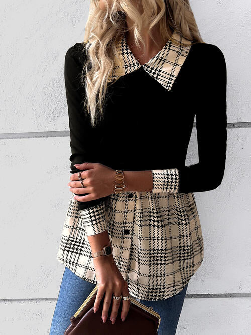Houndstooth Collared Neck Long Sleeve Shirt