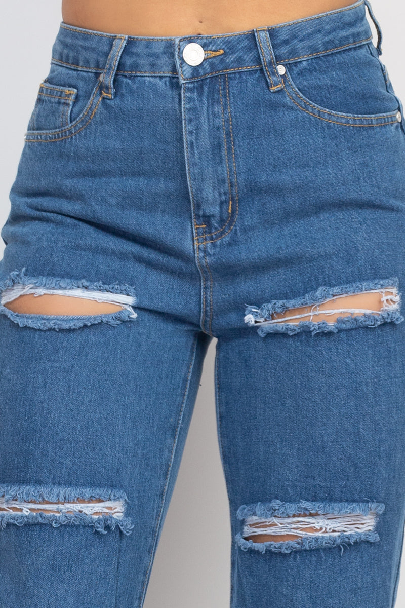 Rolled Hem Distressed Jeans - Medium wash