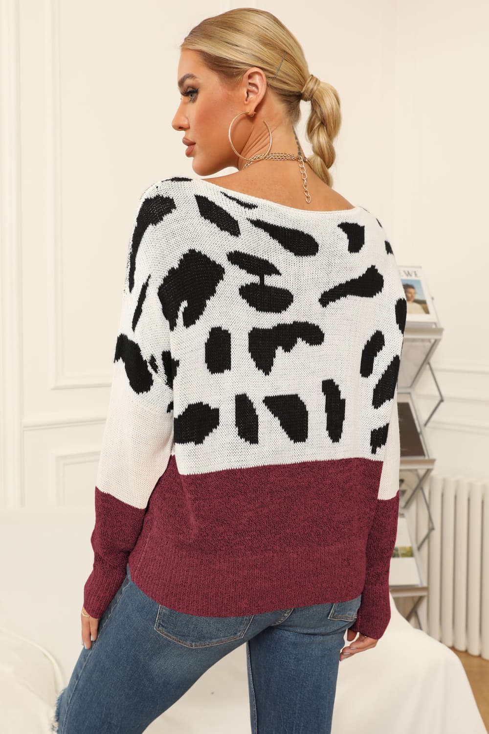 Boat Neck Leopard Patch Sweater