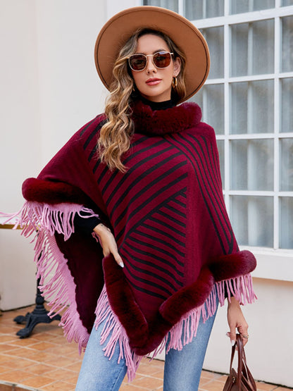 Cozy Stripes Fur-Trimmed Poncho
