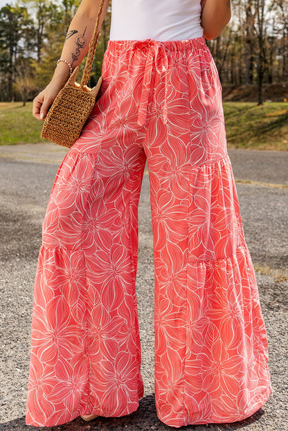 Strawberry Floral Tiered Wide Leg Pants