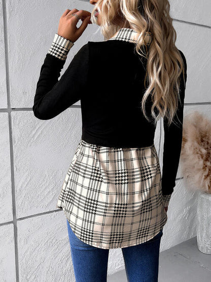 Houndstooth Collared Neck Long Sleeve Shirt